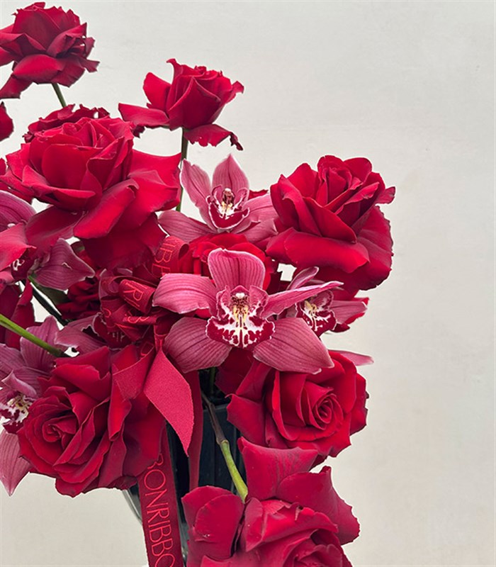 Passion Deluxe Vazoda Kırmızı Gül Bordo Cymbidium Orkide Aranjmanı