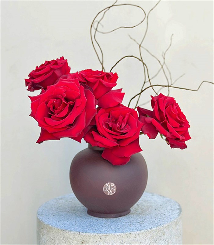 Oui Oui Kahverengi Seramik Vazoda Kırmızı Gül Aranjmanı