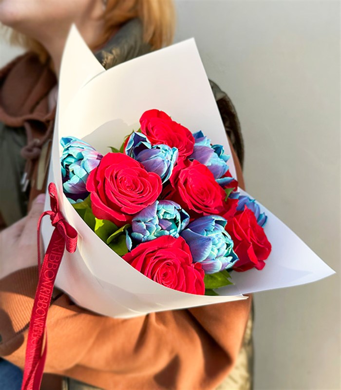 Sunset Lover Sky Çantada Kırmızı Gül Galaksi Lale