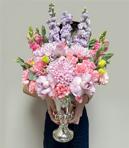 Ethereal Deluxe Lilac Pink Flower Arrangement in Silver Vase