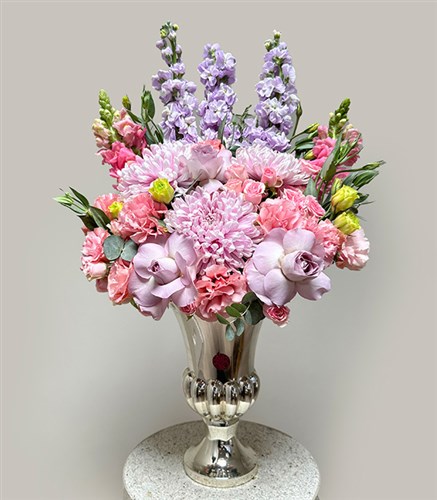 Ethereal Deluxe Lilac Pink Flower Arrangement in Silver Vase