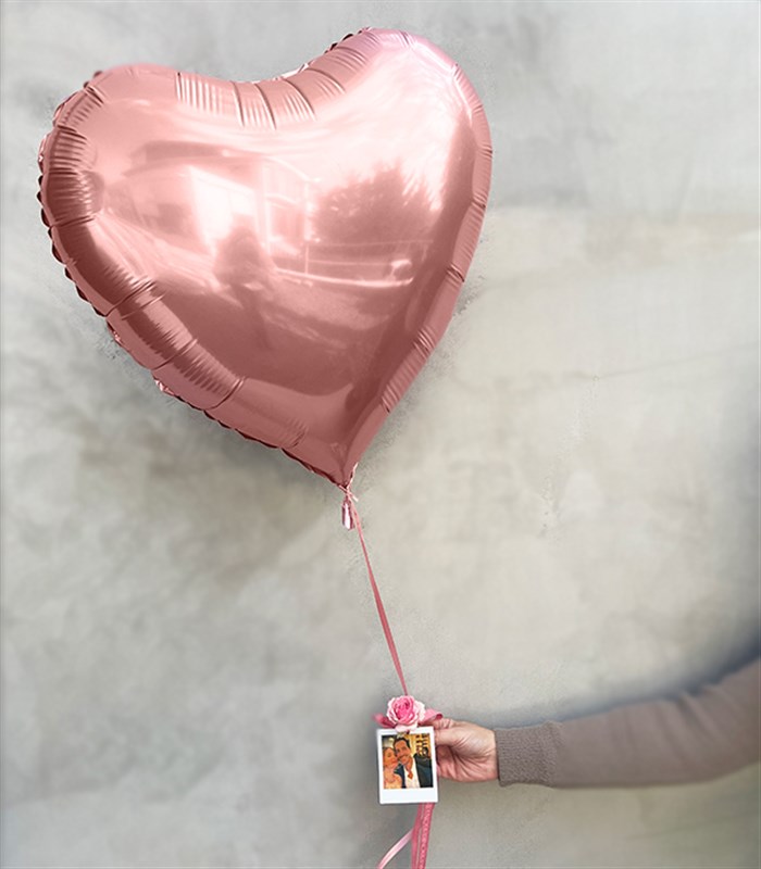 Kişiye Özel Instax Polaroid Fotoğraflı Rose Gold Uçan Kalp Balon 60 cm
