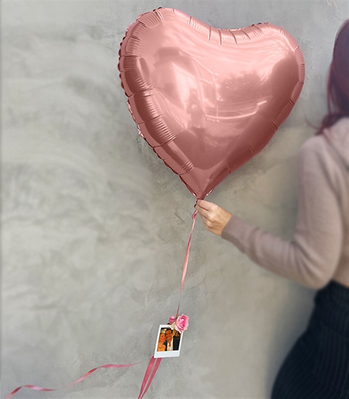 Kişiye Özel Instax Polaroid Fotoğraflı Rose Gold Uçan Kalp Balon 60 cm