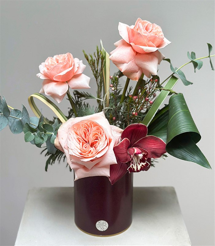 Bordo Mini Vazoda Somon Gül Orkide Aranjmanı