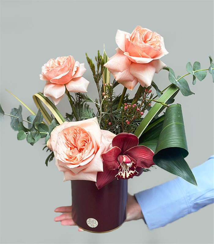 Bordo Mini Vazoda Somon Gül Orkide Aranjmanı