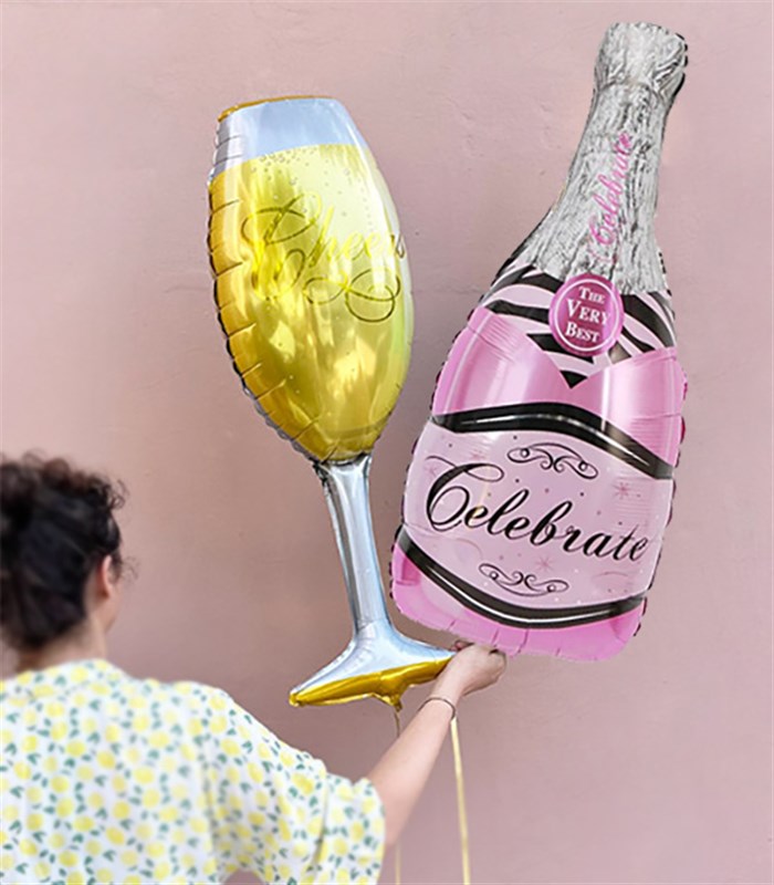 Şampanya & Cheers Kadeh Uçan Balon Seti Fuşya