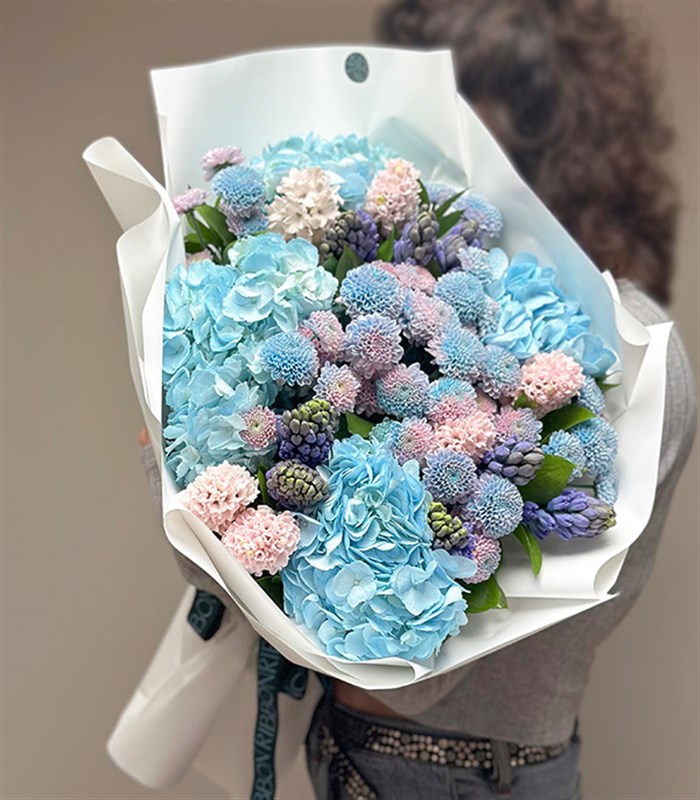 Morning Mavi Ortanca Pembe Mor Sümbül Bahar Buketi