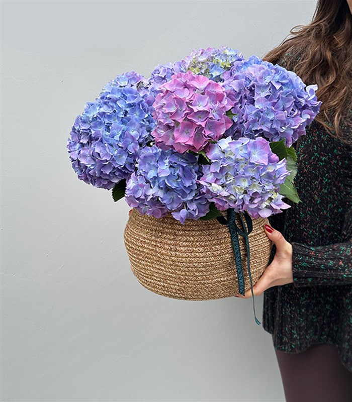 Doğal Jüt Sepette Mavi Ortanca