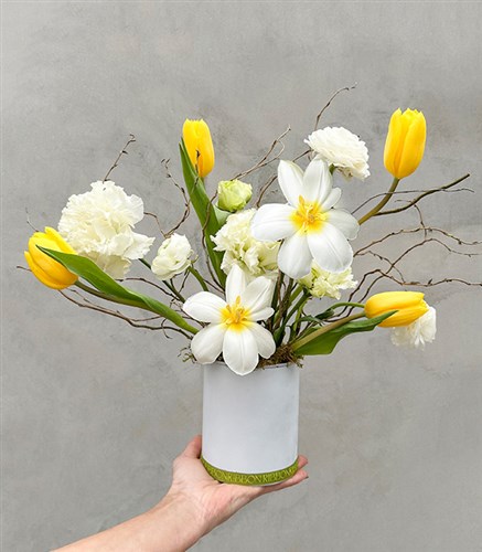 Easter Mini Beyaz Sarı Laleler İlkbahar Aranjmanı