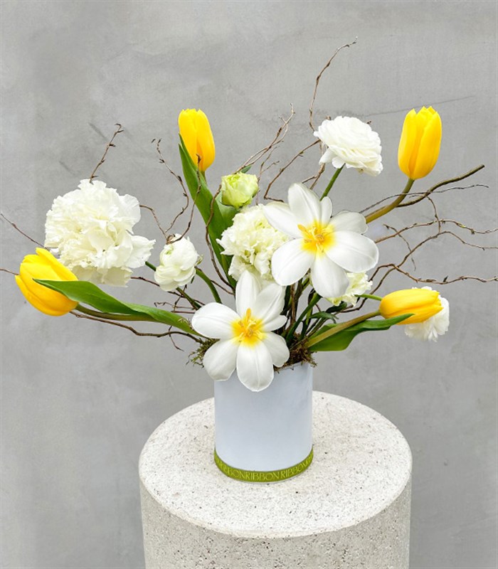 Easter Mini Beyaz Sarı Laleler İlkbahar Aranjmanı