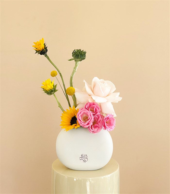 Sunspell Krem Mini Seramik Vazoda Ayçiçeği Pembe Gül Aranjmanı