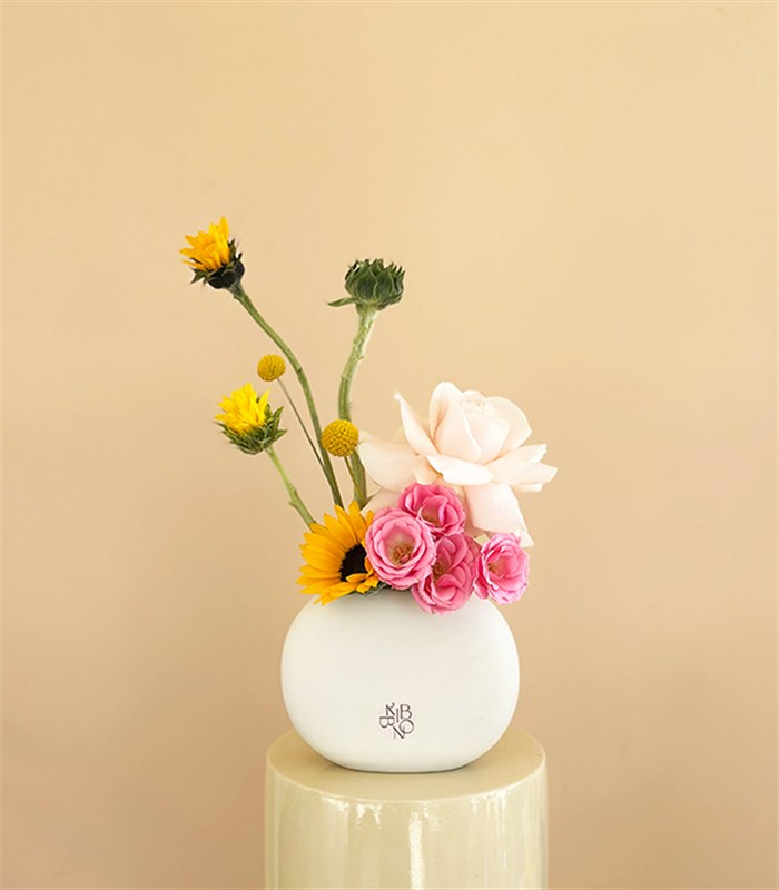 Sunspell Krem Mini Seramik Vazoda Ayçiçeği Pembe Gül Aranjmanı