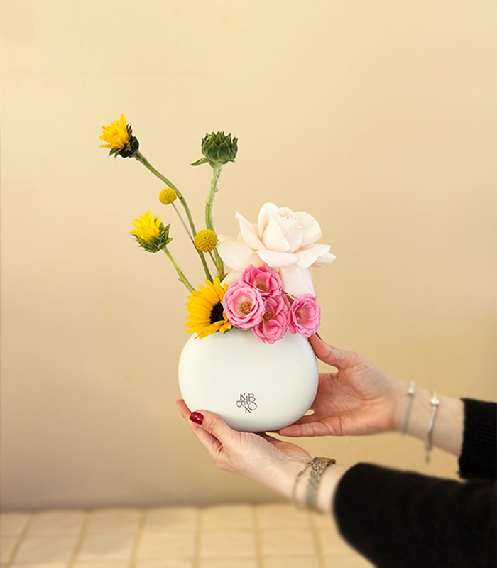 Sunspell Krem Mini Seramik Vazoda Ayçiçeği Pembe Gül Aranjmanı