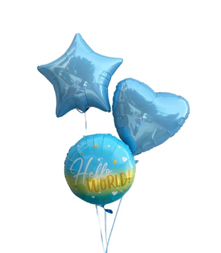 Hello World Baby Boy Greeting Blue Flying Balloon Set