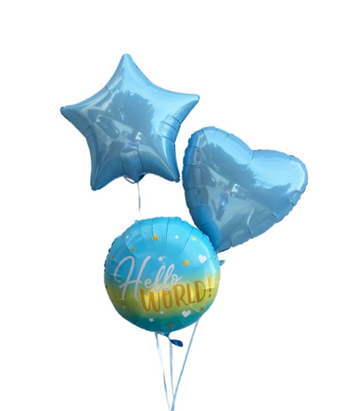 Hello World Erkek Bebek Tebrik Mavi Uçan Balon Seti