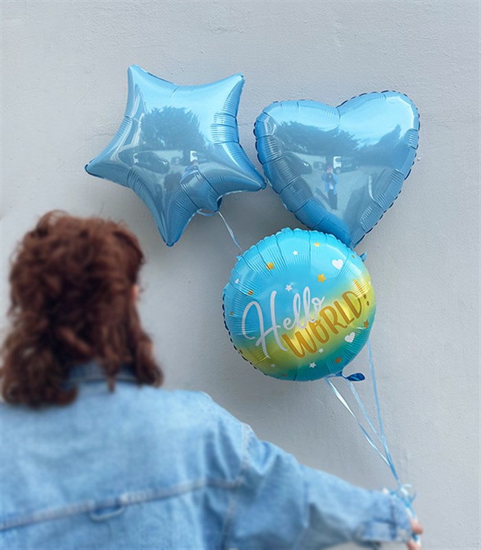 Hello World Erkek Bebek Tebrik Mavi Uçan Balon Seti