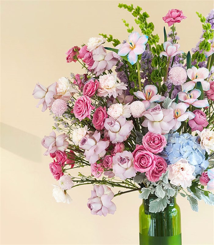 Cuore Fiorito Yeşil Vazoda Unicorn Lale Ortanca Şakayık Grand Deluxe Aranjman