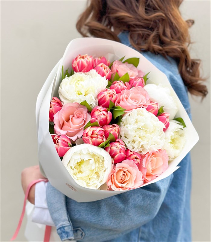 Bubble Gum Pink Tulip Rose White Peony Bouquet