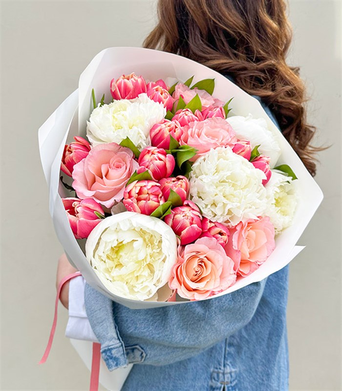 Bubble Gum Pink Tulip Rose White Peony Bouquet
