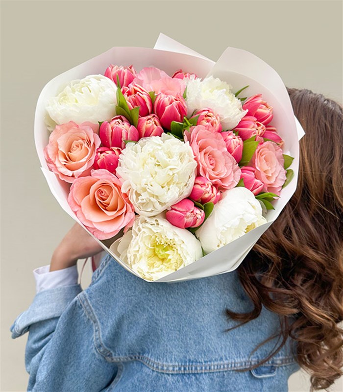 Bubble Gum Pink Tulip Rose White Peony Bouquet