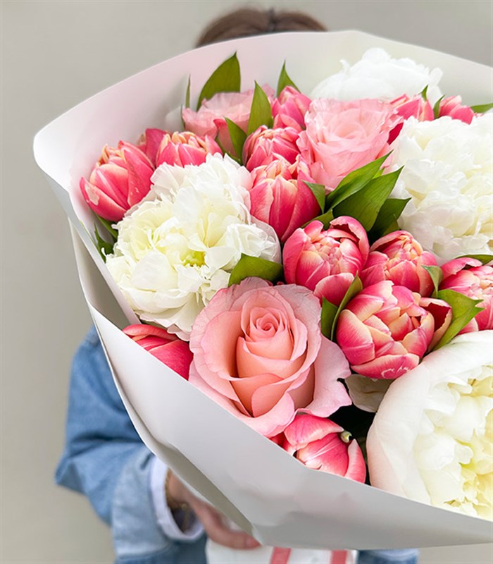 Bubble Gum Pink Tulip Rose White Peony Bouquet