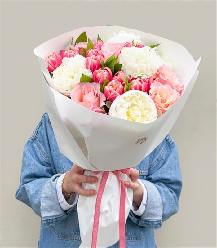 Bubble Gum Pink Tulip Rose White Peony Bouquet