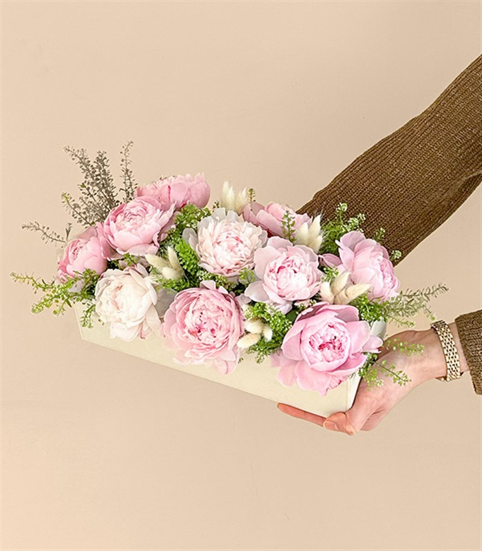 Krem Deri Kutu Pembe Şakayık Aranjmanı