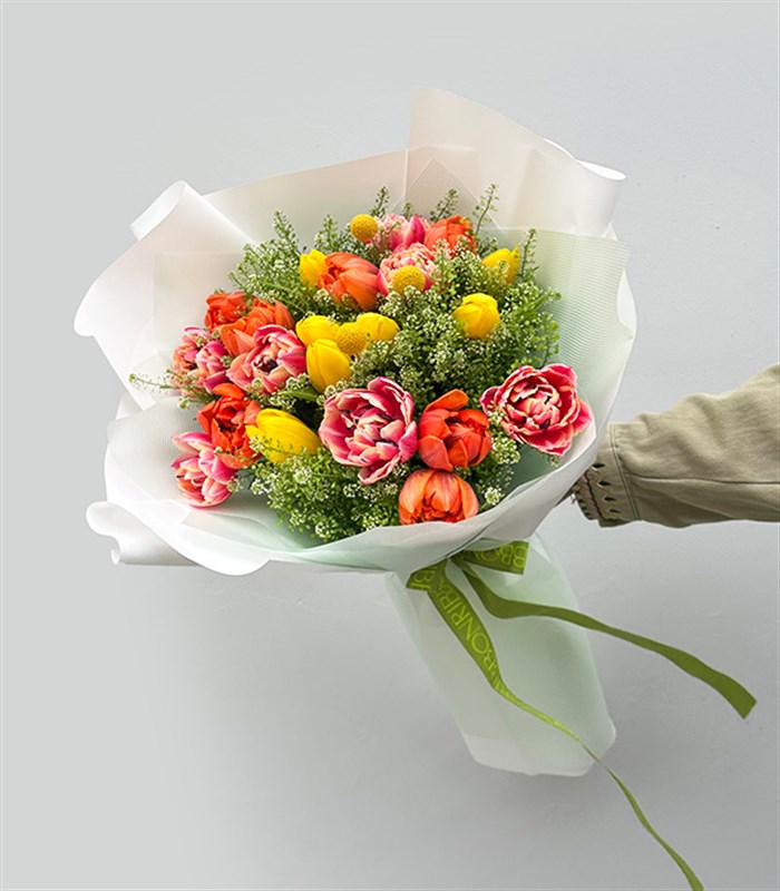 21 Turuncu Pembe Sarı Lale Buketi