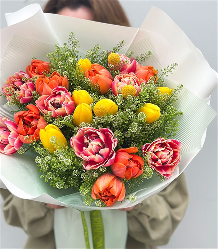 21 Turuncu Pembe Sarı Lale Buketi