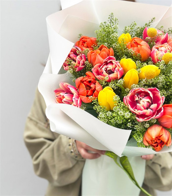 21 Turuncu Pembe Sarı Lale Buketi