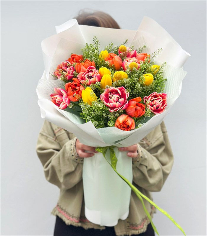 21 Turuncu Pembe Sarı Lale Buketi