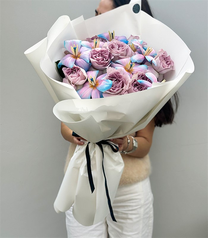 Pastelune Lila Gül Unicorn Lale Buketi