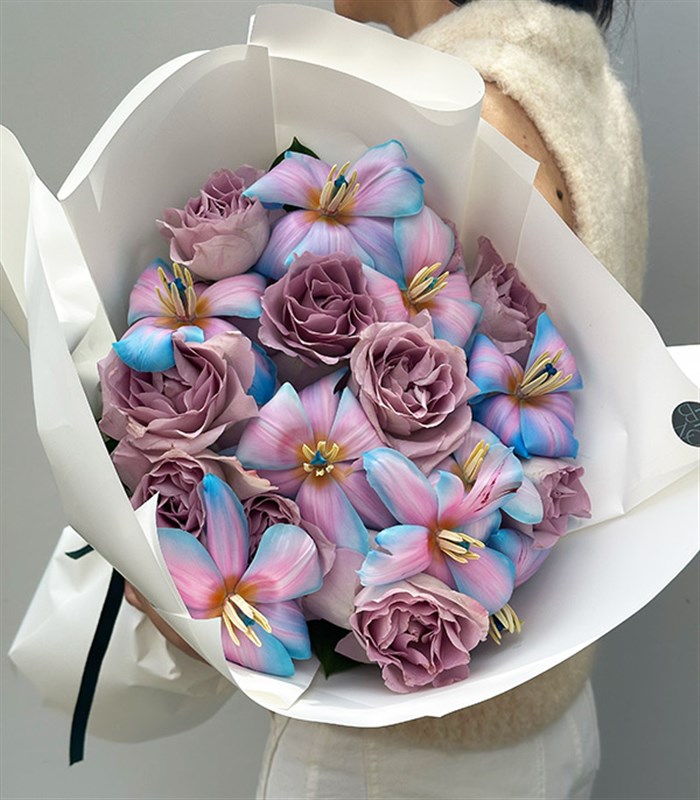 Pastelune Lila Gül Unicorn Lale Buketi