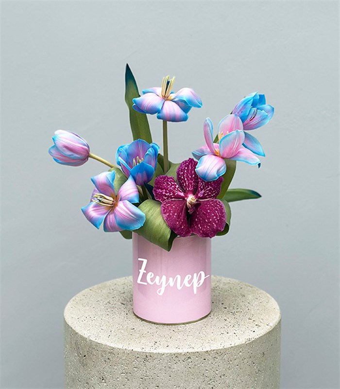 İsme Özel Pembe Vazoda Unicorn Laleler Mini Aranjman