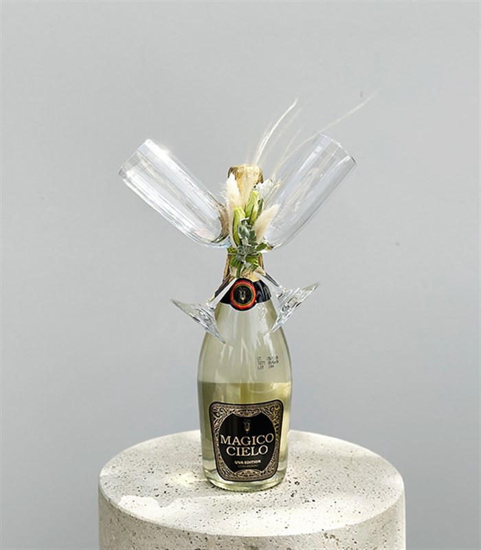 Alkolsüz Beyaz Şampanya ve 2Li Flüt Kadeh Hediye Kutlama Seti