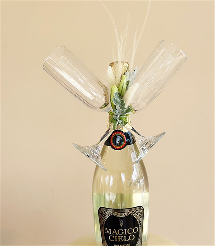 Alkolsüz Beyaz Şampanya ve 2Li Flüt Kadeh Hediye Kutlama Seti