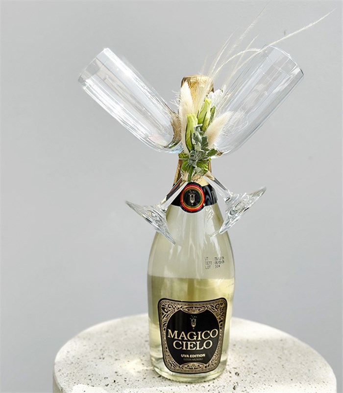 Alkolsüz Beyaz Şampanya ve 2Li Flüt Kadeh Hediye Kutlama Seti