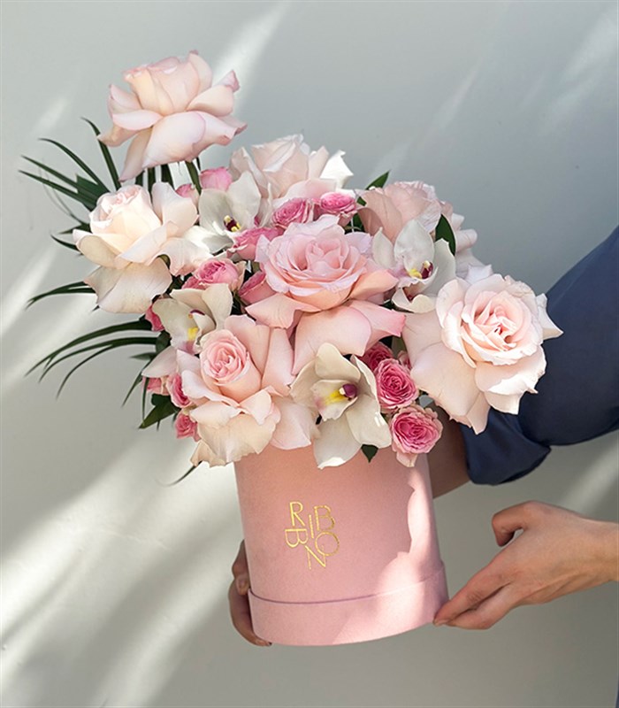 Serenity Şeker Pembe Kutu Pembe Güller Beyaz Cymbidium Orkideler