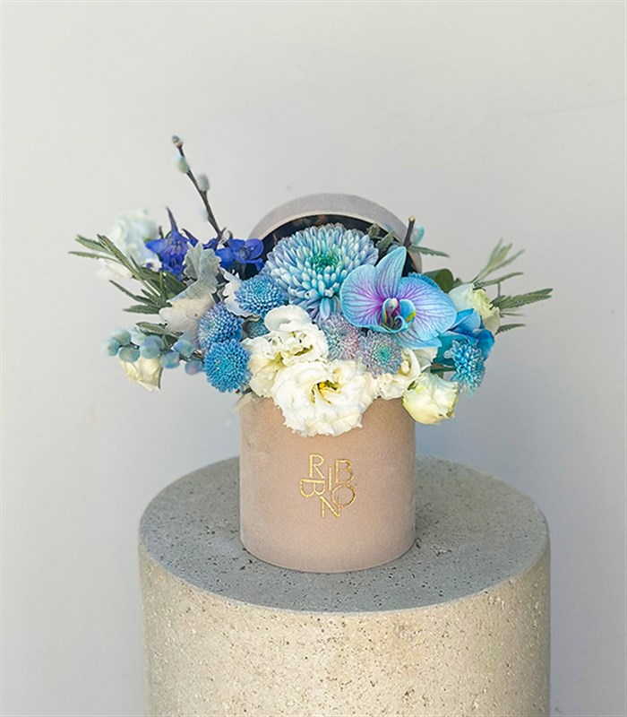 Krem Mini Kutuda Mavi Beyaz Aranjman