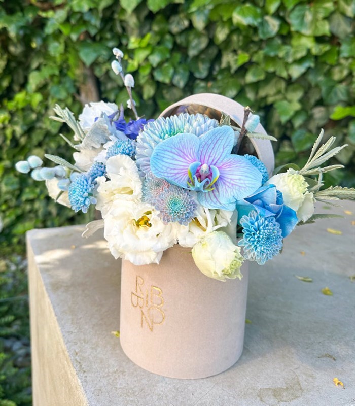 Krem Mini Kutuda Mavi Beyaz Aranjman