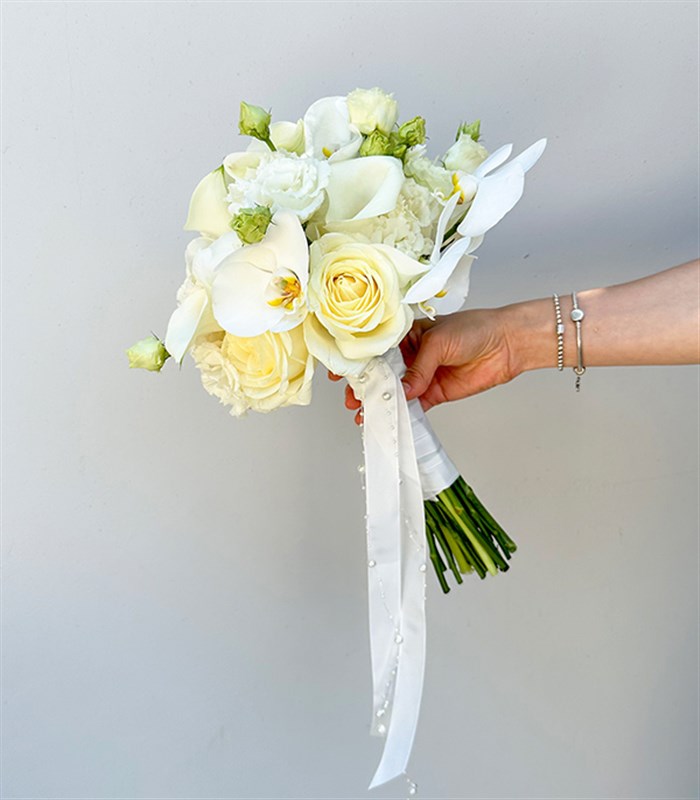 Blanche Beyaz Şakayık Gül Gala Orkide Gelin Buketi