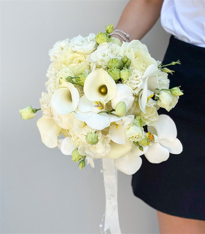 Blanche Beyaz Şakayık Gül Gala Orkide Gelin Buketi