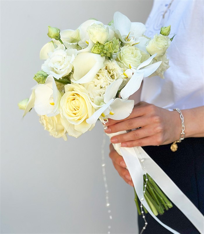 Blanche Beyaz Şakayık Gül Gala Orkide Gelin Buketi