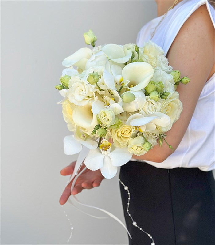 Blanche Beyaz Şakayık Gül Gala Orkide Gelin Buketi