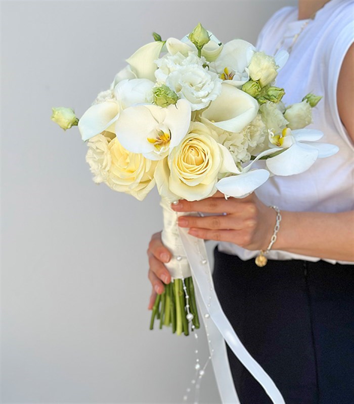 Blanche Beyaz Şakayık Gül Gala Orkide Gelin Buketi