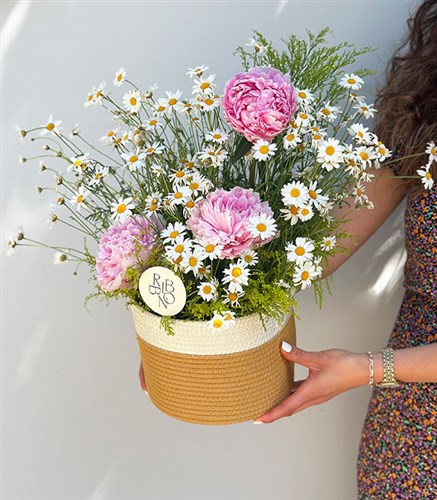 Daisies Pink Peonies Summer Arrangement in Basket