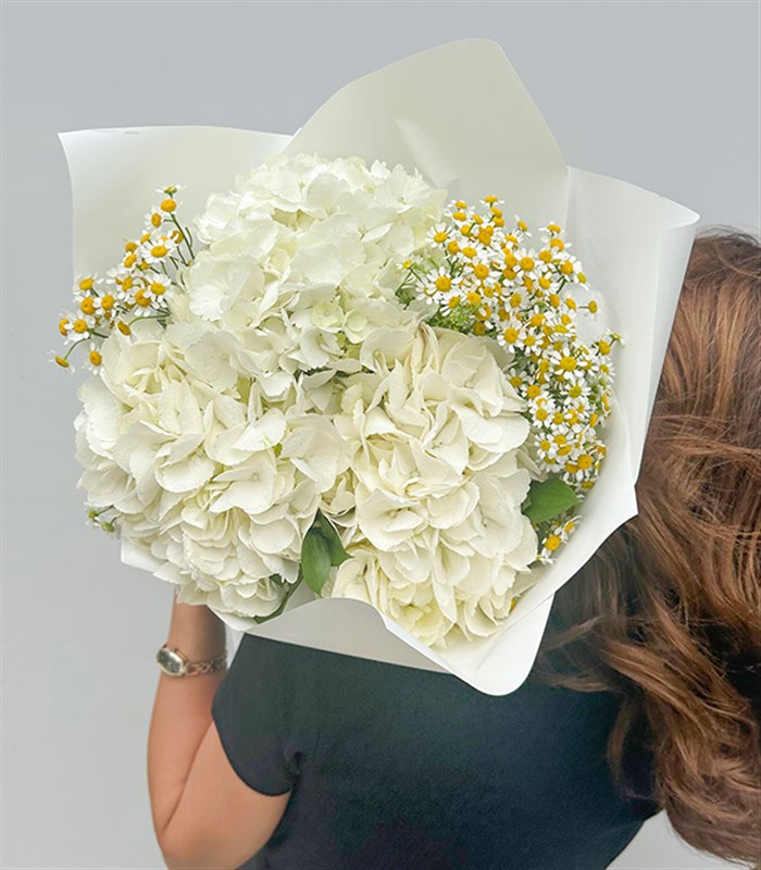 Daisyra Beyaz Ortanca Papatya Buketi