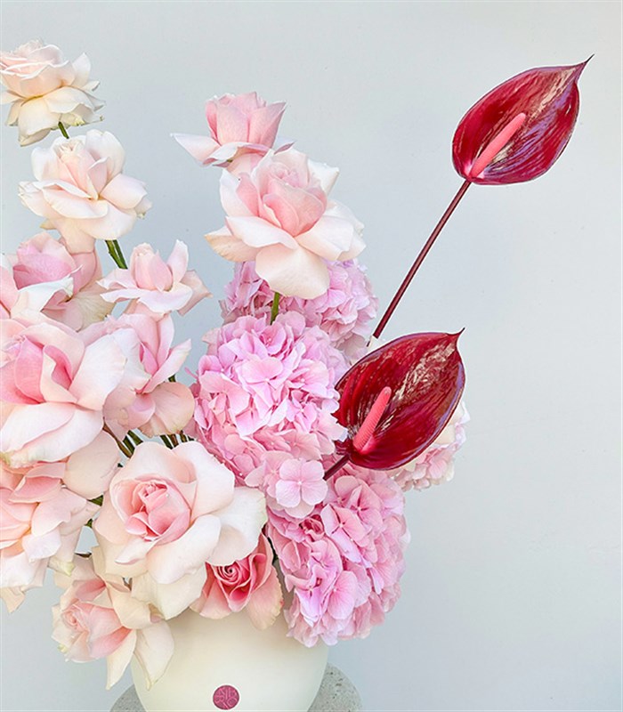 Pink Moment Deluxe Krem Seramik Vazoda Ortanca Gül  Aranjmanı