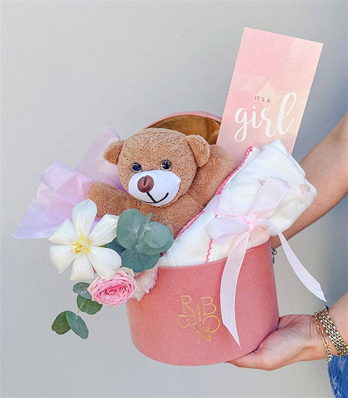 Its a Girl Mini Peluş Ayıcıklı Yenidoğan Bebek Tebrik Kutusu