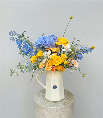Blue Breeze Hydrangea Rose Arrangement in Ceramic Cream Jug Vase